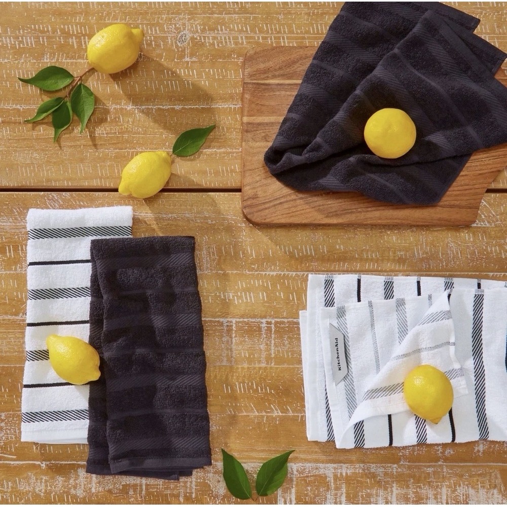 100% Cotton NWT KitchenAid Albany Kitchen Towel 4-Pack Set, Matte 16"x26" B/W